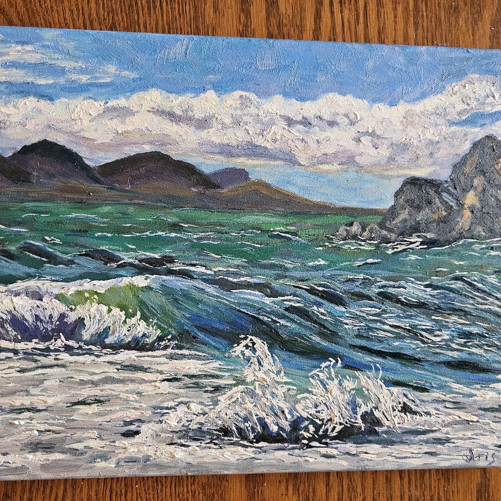Hand oil Painted Clouds, mountains  and ocean